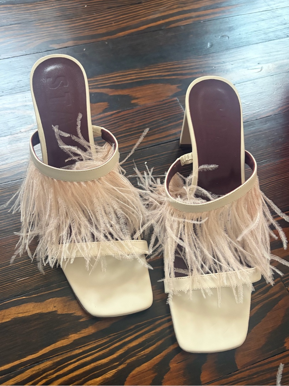 STAUD Feather-Trim Slide Sandals in Cream
